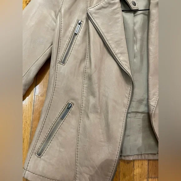 Taupe Michael Kors 100% Genuine Leather moto style jacket flared sleeve M - Picture 3 of 7